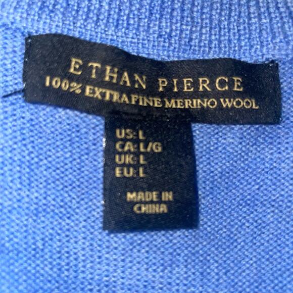 Ethan Pierce Sweater Men's Size L Blue Merino Wool V Neck Long Sleeve Pullover - Picture 5 of 6
